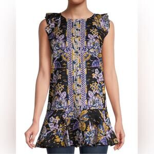 Free People Women’s Summer In Tulum Purple Black Floral Linen Sleeveless Tunic S